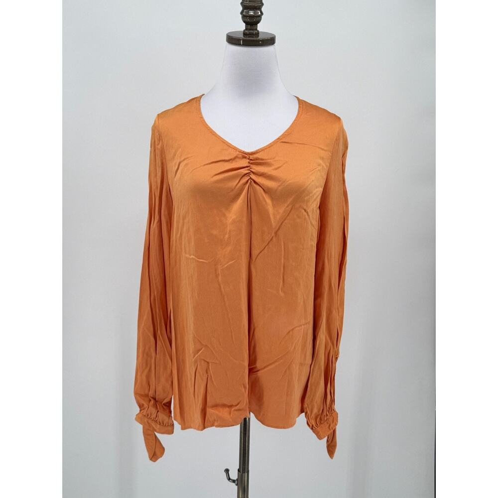 Catherine Gee Orange Silk Ruched V Neck Tie Sleeve Top